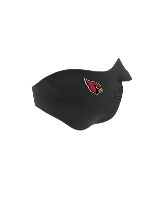 Black face mask with a Cardinals logo on a white background