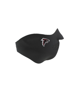 Black face mask with a Falcons logo on a white background