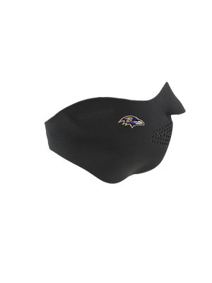 Black face mask with a Ravens logo on a white background