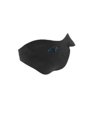 Black face mask with a Panthers logo on a white background