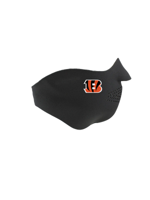 Black face mask with a Bengals logo on a white background