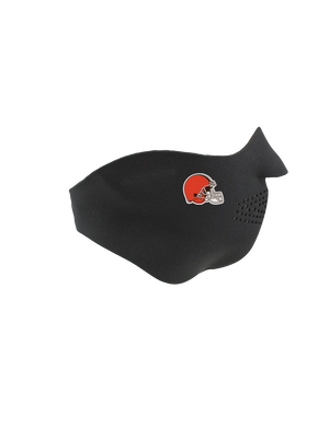 Black face mask with a Browns logo on a white background