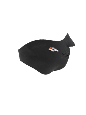 Black face mask with a Broncos logo on a white background