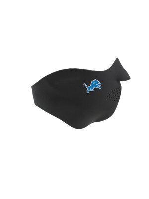 Black face mask with a Lions logo on a white background