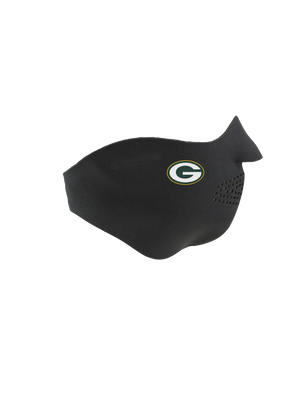 Black face mask with a Packers logo on a white background