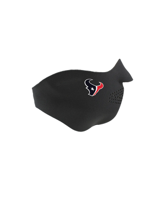 Black face mask with a Texans logo on a white background