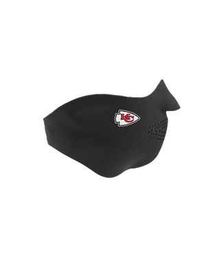 Black face mask with a Chiefs logo on a white background