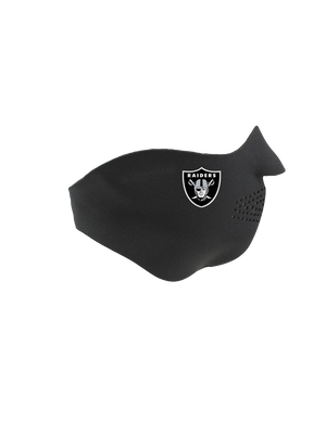Black face mask with a Raiders logo on a white background