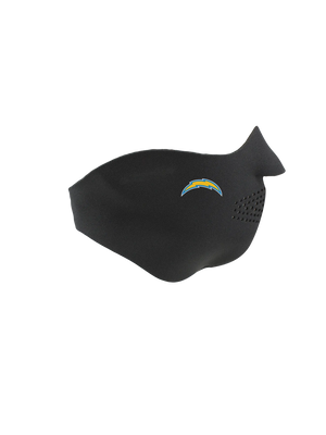 Black face mask with a Chargers logo on a white background