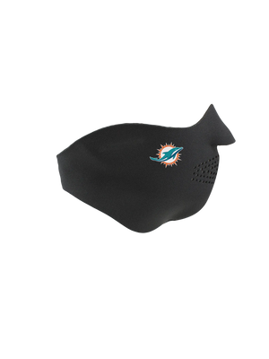 Black face mask with a Dolphins logo on a white background