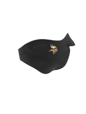 Black face mask with a Vikings logo on a white background