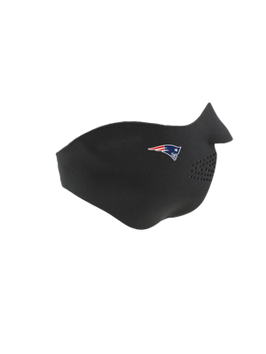 Black face mask with a Patriots logo on a white background