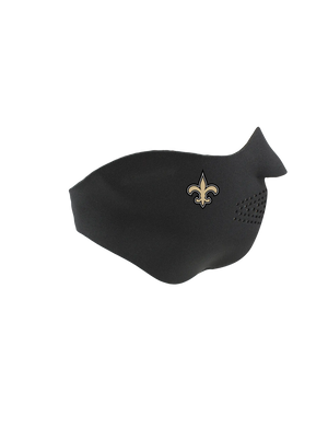 Black face mask with a Saints logo on a white background