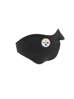 Black face mask with a Steelers logo on a white background
