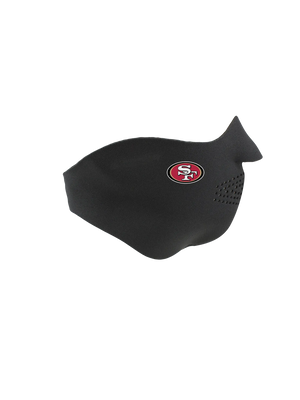 Black face mask with a 49ers logo on a white background