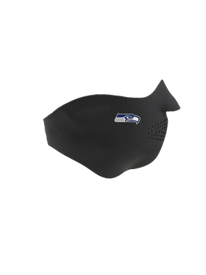 Black face mask with a Seahawks logo on a white background