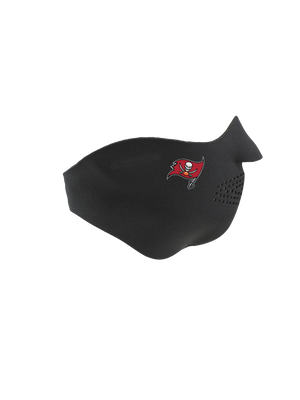 Black face mask with a Buccaneers logo on a white background