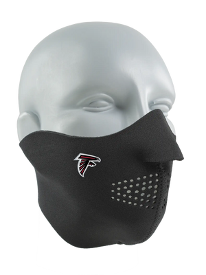 Black face mask with a Falcons logo on a white background
