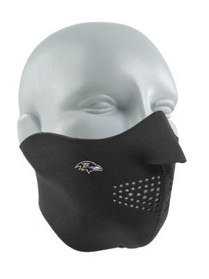 Black face mask with a Ravens logo on a white background