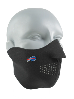 Black face mask with a Bills logo on a white background