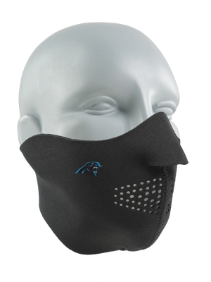 Black face mask with a Panthers logo on a white background