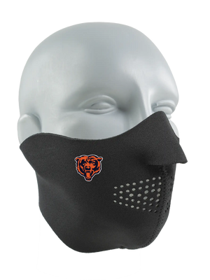 Black Seirus NeoFleece Comfort Masque covering the nose and lower face with Chicago Bears logo