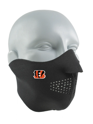 Black face mask with a Bengals logo on a white background