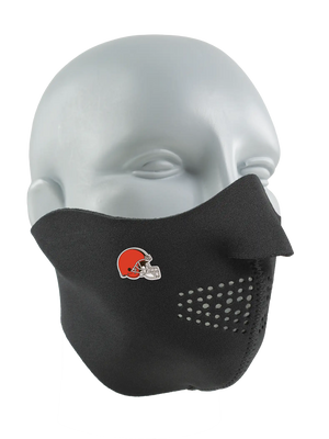 Black face mask with a Browns logo on a white background