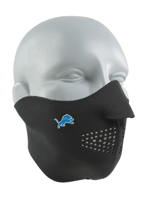Black face mask with a Lions logo on a white background