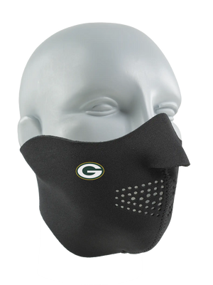 Black face mask with a Packers logo on a white background