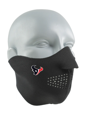 Black face mask with a Texans logo on a white background