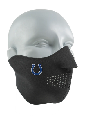 Black face mask with a Colts logo on a white background