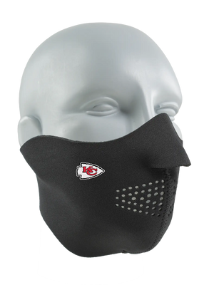 Black face mask with a Chiefs logo on a white background