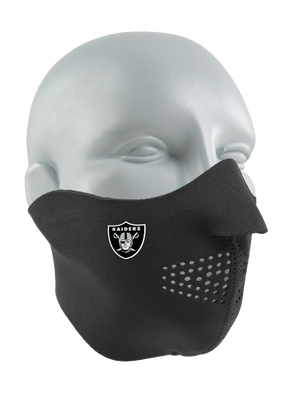 Black face mask with a Raiders logo on a white background