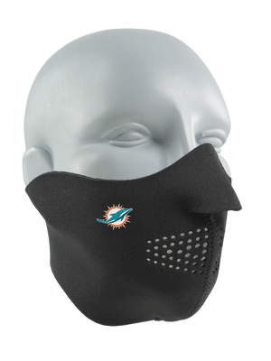 Black face mask with a Dolphins logo on a white background