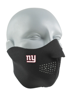 Black face mask with a Giants logo on a white background