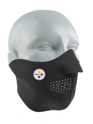 Black face mask with a Steelers logo on a white background