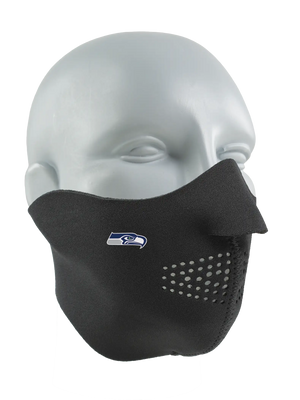 Black face mask with a Seahawks logo on a white background
