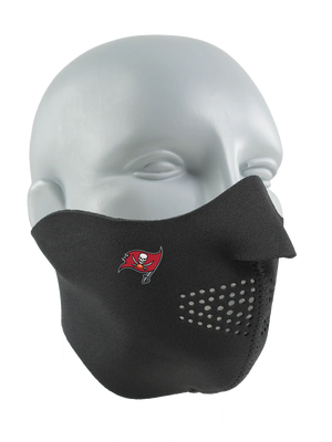 Black face mask with a Buccaneers logo on a white background