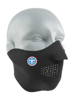 Black face mask with a Vikings logo on a white background