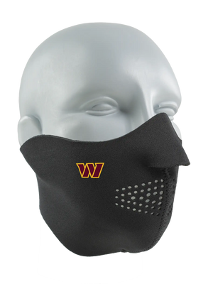 Black face mask with a Commanders logo on a white background