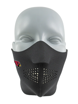 Black face mask with a Cardinals logo on a white background