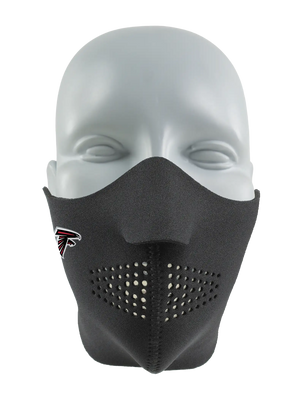 Black face mask with a Falcons logo on a white background