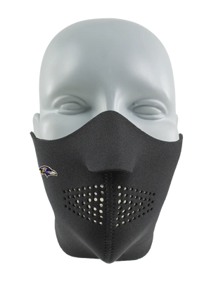 Black face mask with a Ravens logo on a white background