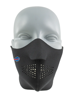 Black face mask with a Bills logo on a white background