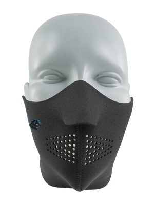 Black face mask with a Panthers logo on a white background