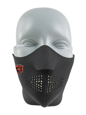 Black Seirus NeoFleece Comfort Masque worn over the lower face with Chicago Bears branding, side view