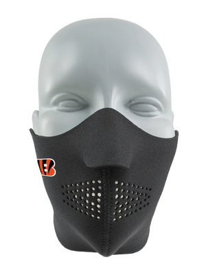 Black face mask with a Bengals logo on a white background