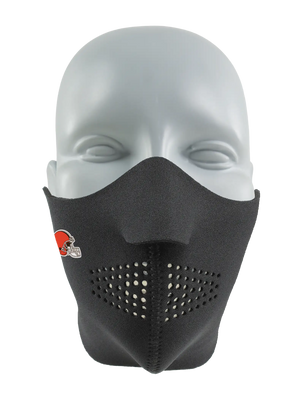 Black face mask with a Browns logo on a white background