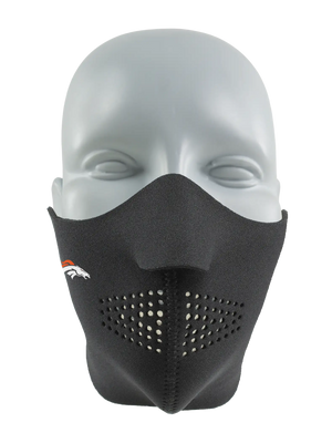 Black face mask with a Broncos logo on a white background